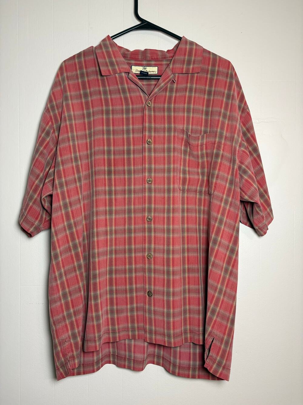 Tommy Bahama Men's Large 100% Silk Plaid Button Front Short Sleeve Shirt